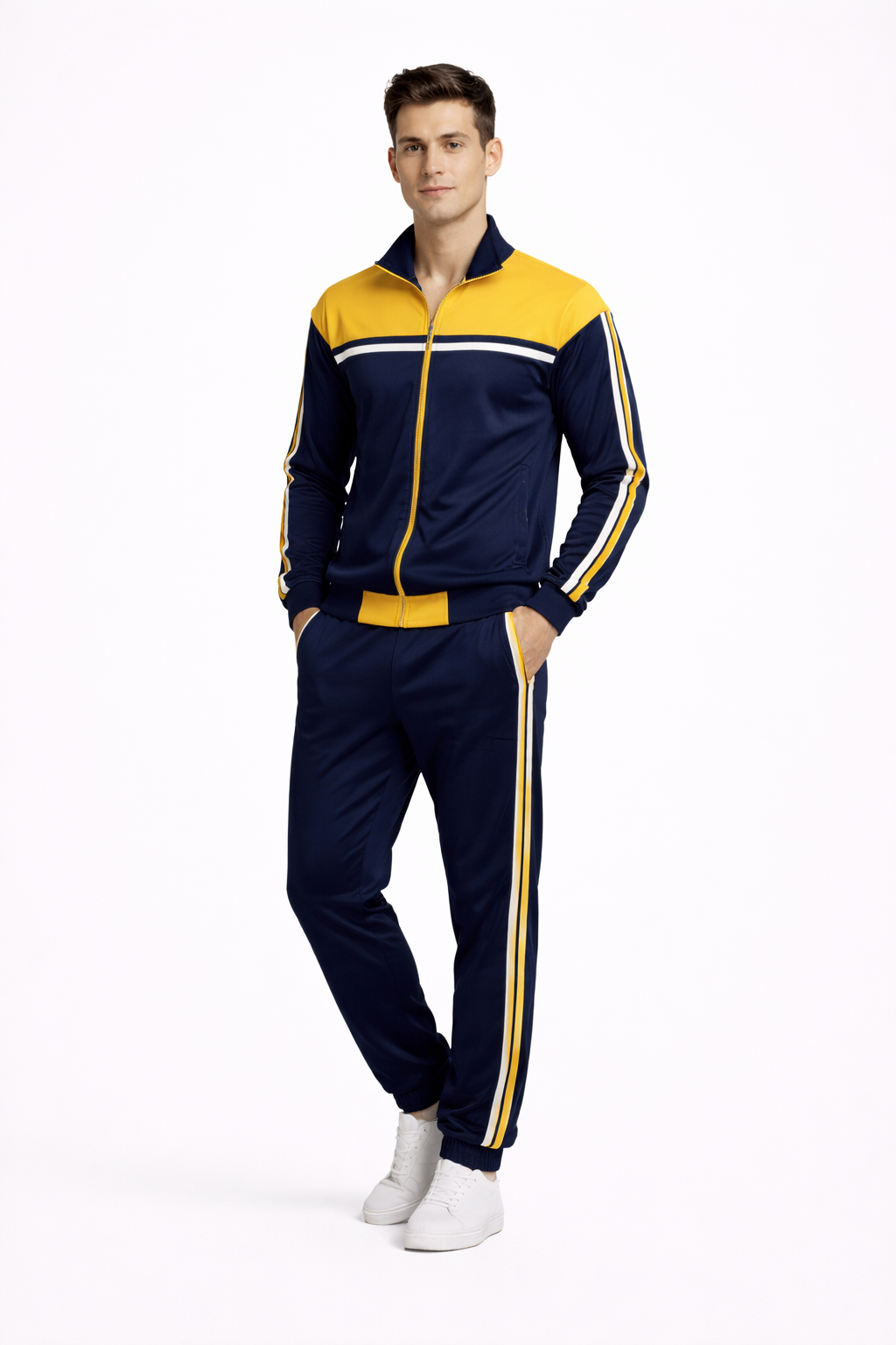 CONVERX Men's Super Poly Tracksuit Navy Blue and Mustard Yellow Front View