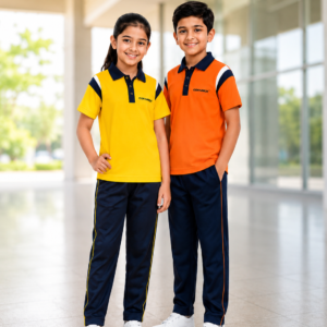 Converx School Sports Uniform for Boys and Girls featuring a white polo T-shirt with blue collar and navy blue sports shorts, ideal for schools, sports activities, and physical education.