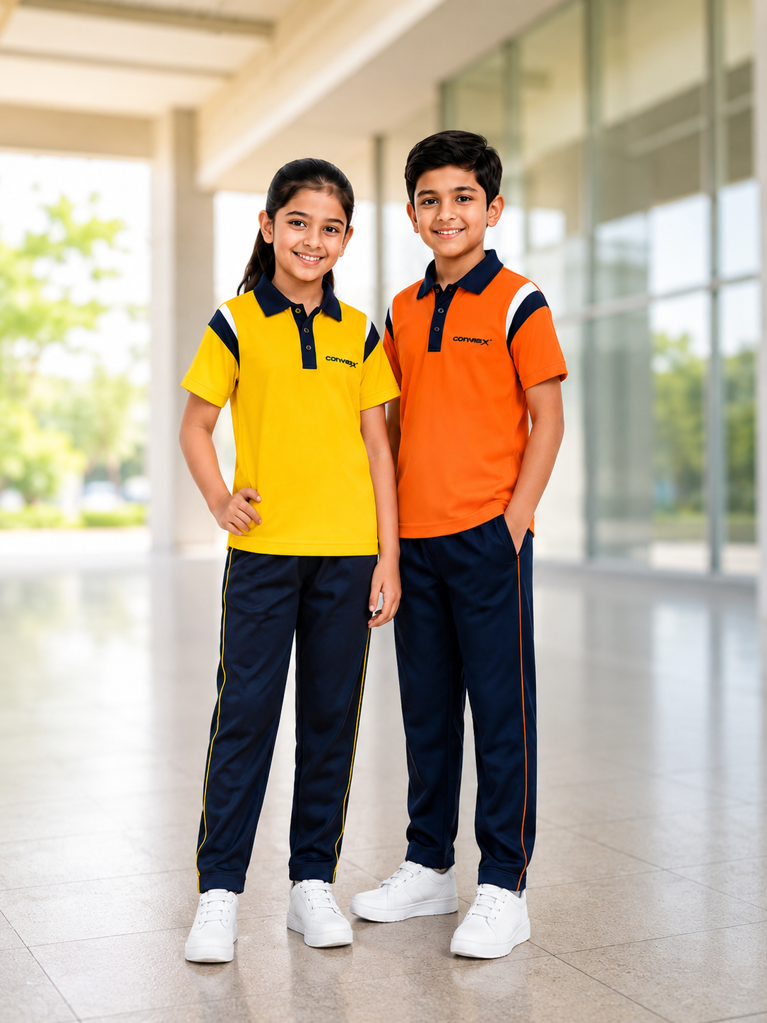 Converx School Sports Uniform for Boys and Girls featuring a white polo T-shirt with blue collar and navy blue sports shorts, ideal for schools, sports activities, and physical education.