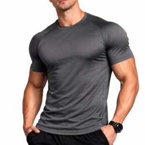 Men's charcoal grey performance sports t-shirt with moisture-wicking fabric, manufactured by CONVERX for bulk orders, gym wear, fitness apparel, team uniforms, and private label sportswear in India.