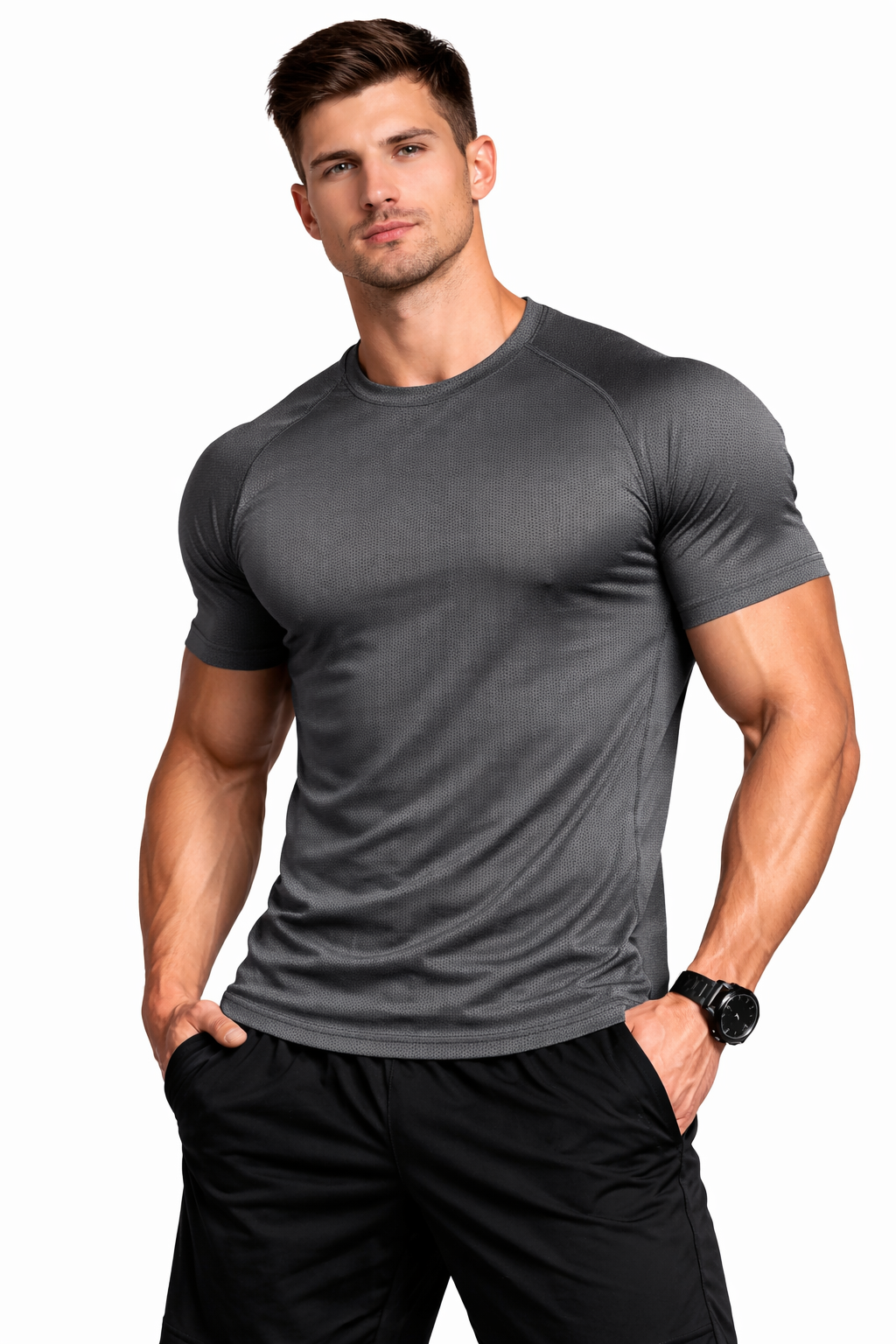 Men's charcoal grey performance sports t-shirt with moisture-wicking fabric, manufactured by CONVERX for bulk orders, gym wear, fitness apparel, team uniforms, and private label sportswear in India.