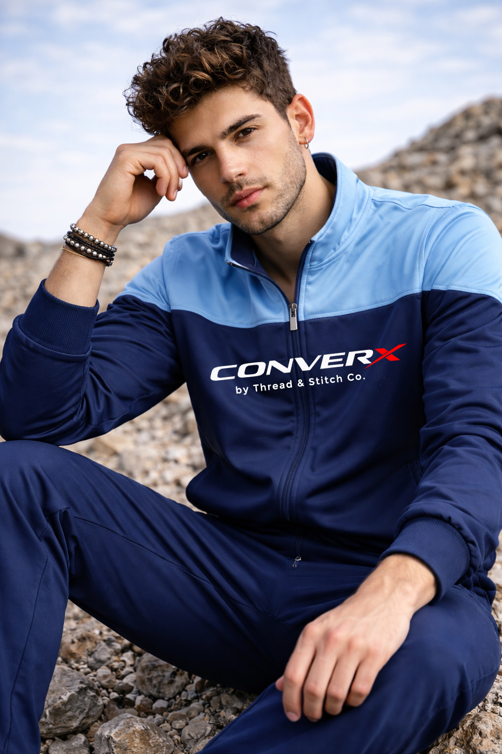 CONVERX Men's Super Poly Tracksuit Navy Blue with Sky Blue Jacket and Track Pant