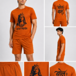 CONVERX Bol Bam Har Har Mahadev T-Shirt and Shorts Set for Kanwar Yatra with Lord Shiva front print and Bol Bam back print.