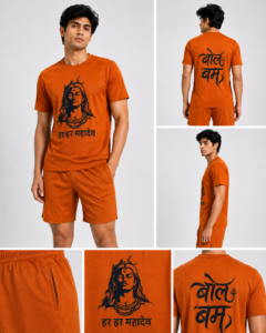 CONVERX Bol Bam Har Har Mahadev T-Shirt and Shorts Set for Kanwar Yatra with Lord Shiva front print and Bol Bam back print.