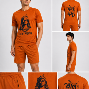 CONVERX Bol Bam Har Har Mahadev T-Shirt and Shorts Set for Kanwar Yatra with Lord Shiva front print and Bol Bam back print.