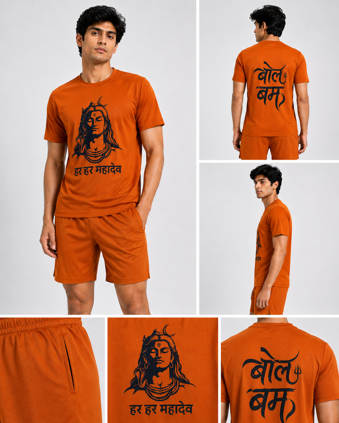 CONVERX Bol Bam Har Har Mahadev T-Shirt and Shorts Set for Kanwar Yatra with Lord Shiva front print and Bol Bam back print.