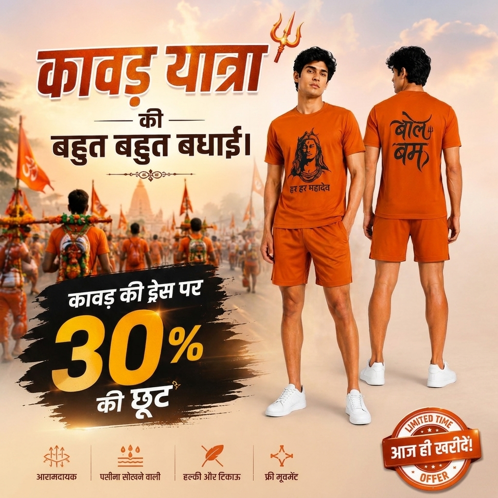 CONVERX Kanwar Yatra Dress with Har Har Mahadev T-Shirt and Bol Bam Back Print featuring 30% discount offer for Sawan and Kanwar Yatra devotees