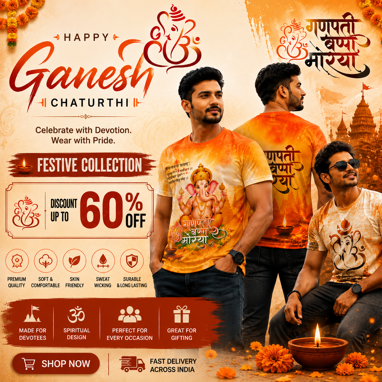 CONVERX Ganesh Chaturthi festive T-shirt collection featuring devotional Lord Ganesha designs in orange and white for Ganesh Chaturthi celebrations.